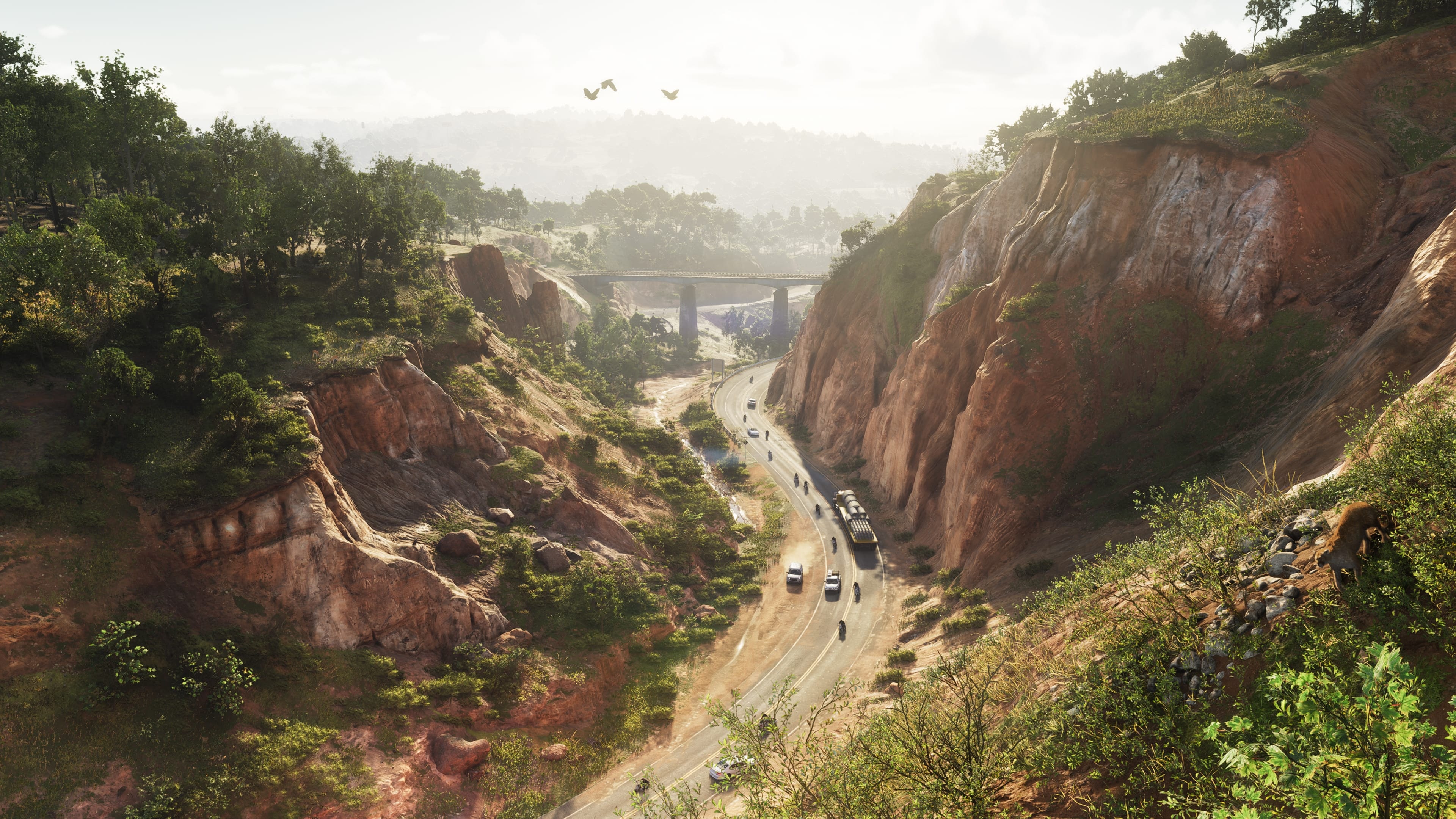 Route sinueuse au fond d'un canyon de roche rouge, voitures et motos en file